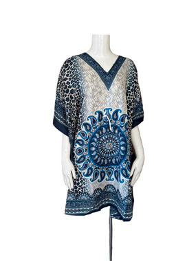 Exist Blue Leopard Print Kaftan Muumuu Dress SIZE OS NWT Boho Resort Lounge